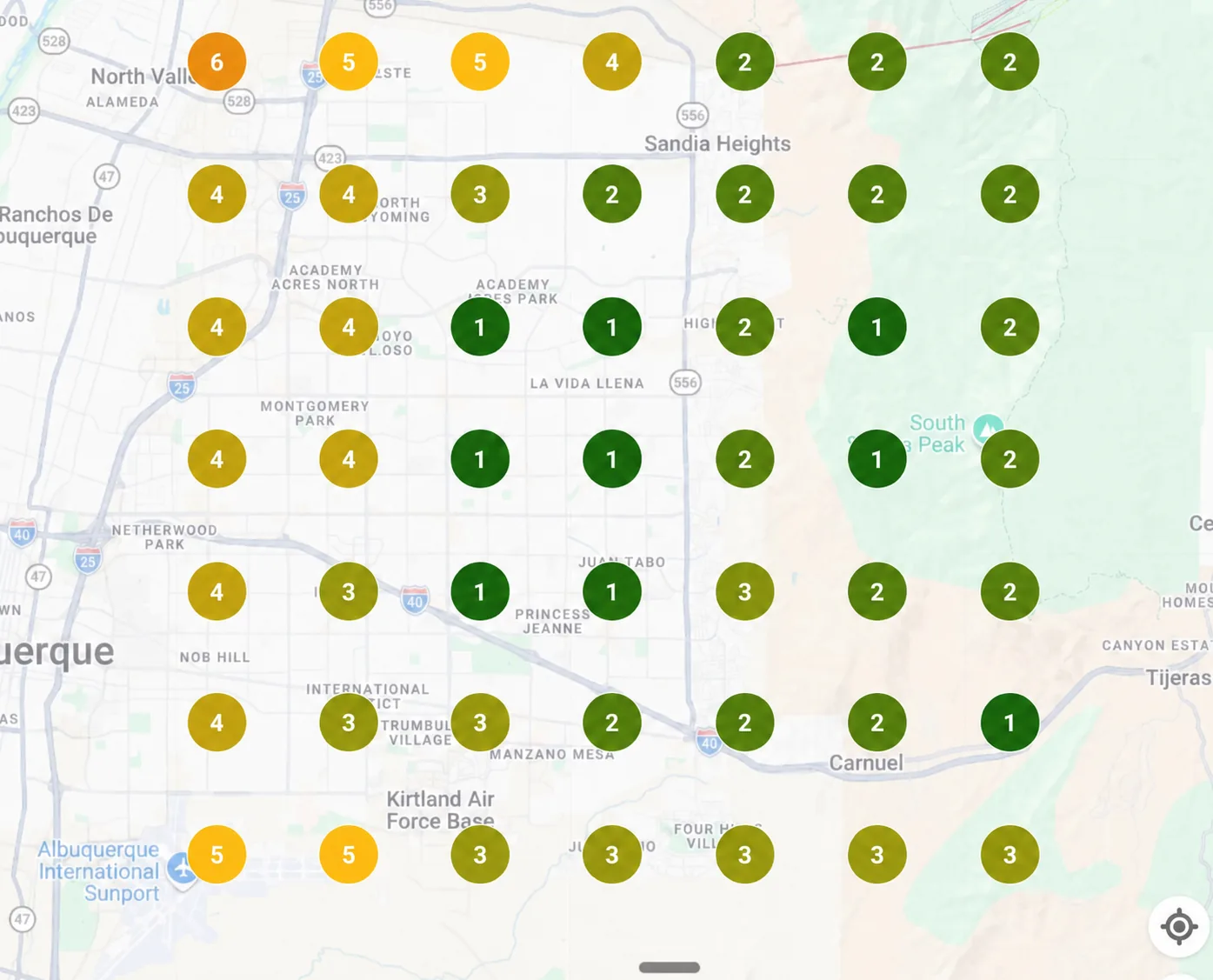 Delinzio Builders Google Maps grid scan on day 90, ranking in the top 3 across nearly the whole service area