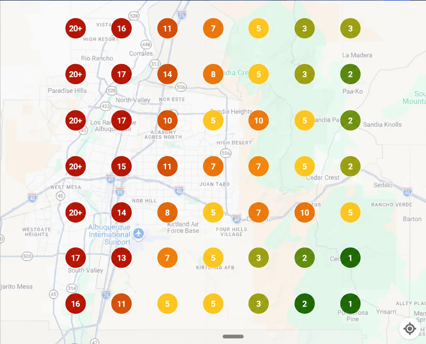 Delinzio Builders Google Maps grid scan on day 1, ranking outside the top 10 across the service area